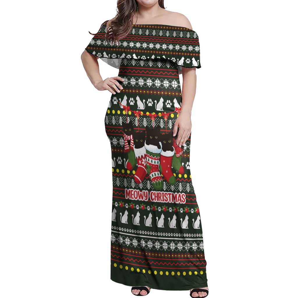 Black Cats in Stockings Off Shoulder Maxi Dress with Meowy Christmas Quote on Festive Pattern Design - Wonder Print Shop