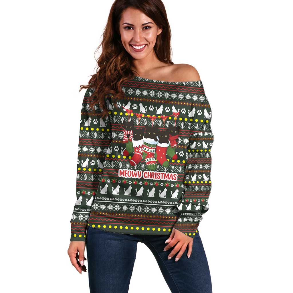 Black Cats in Stockings Off Shoulder Sweater with Meowy Christmas Quote on Festive Pattern Design - Wonder Print Shop