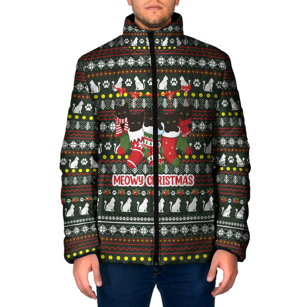 Black Cats in Stockings Padded Jacket with Meowy Christmas Quote on Festive Pattern Design - Wonder Print Shop