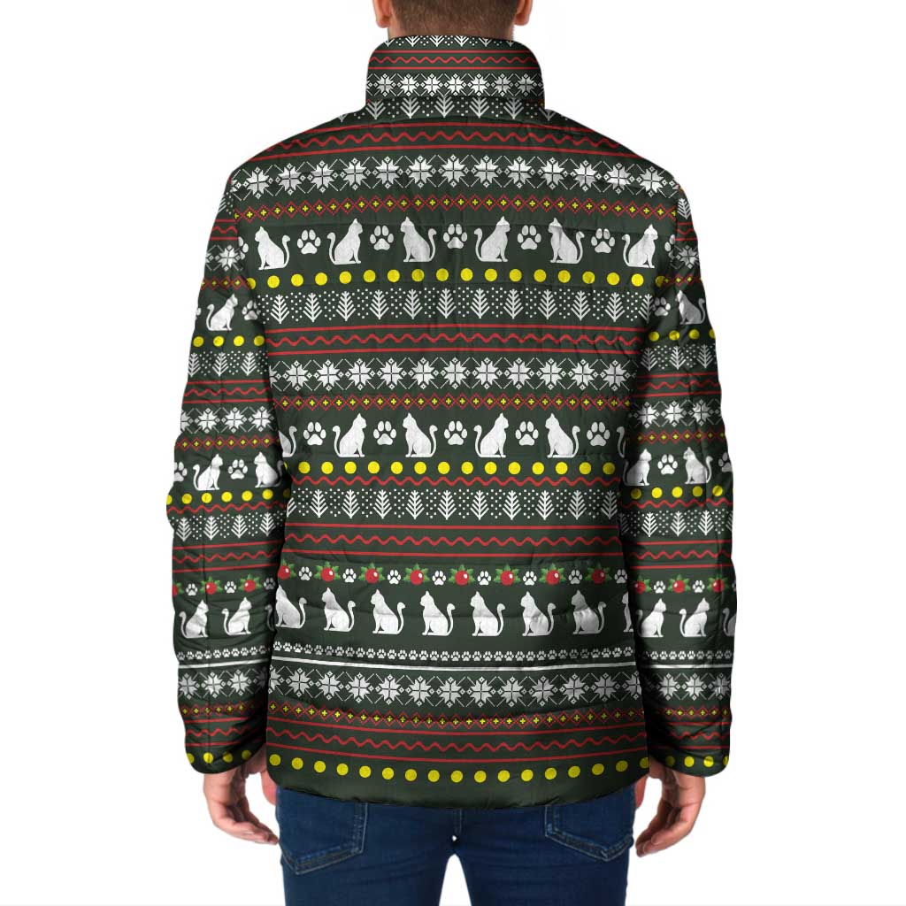 Black Cats in Stockings Padded Jacket with Meowy Christmas Quote on Festive Pattern Design - Wonder Print Shop