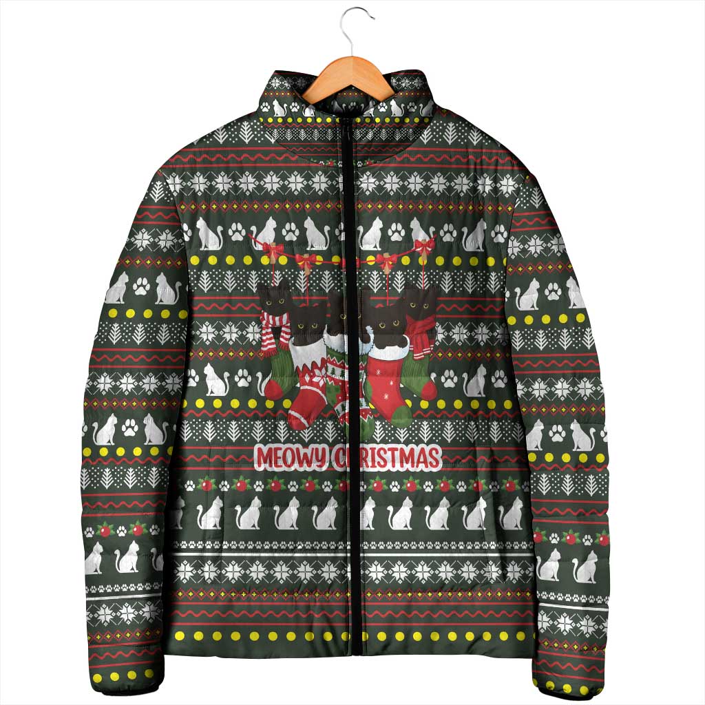 Black Cats in Stockings Padded Jacket with Meowy Christmas Quote on Festive Pattern Design - Wonder Print Shop