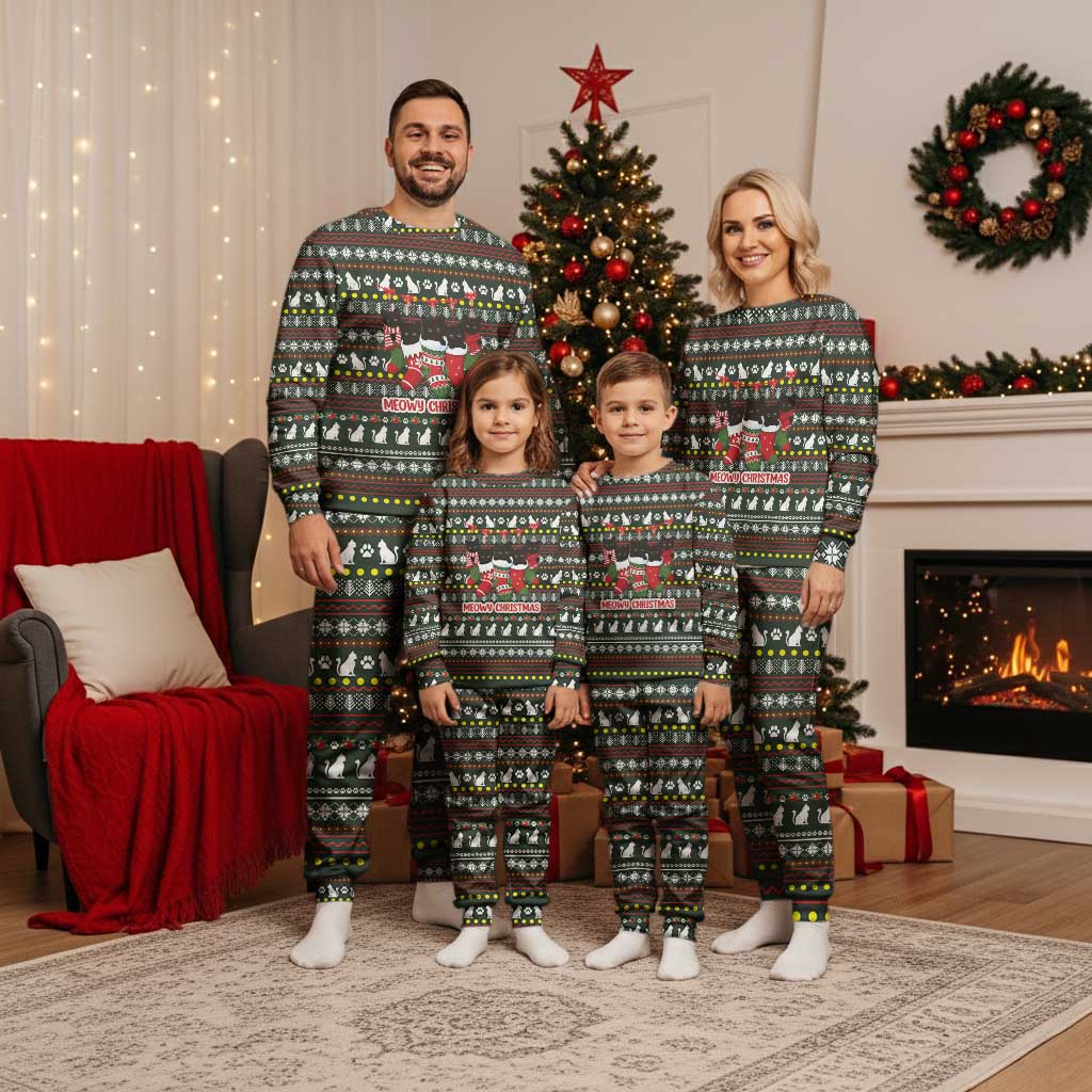 Black Cats in Stockings Christmas Pajama Set with Meowy Christmas Quote on Festive Pattern Design - Wonder Print Shop