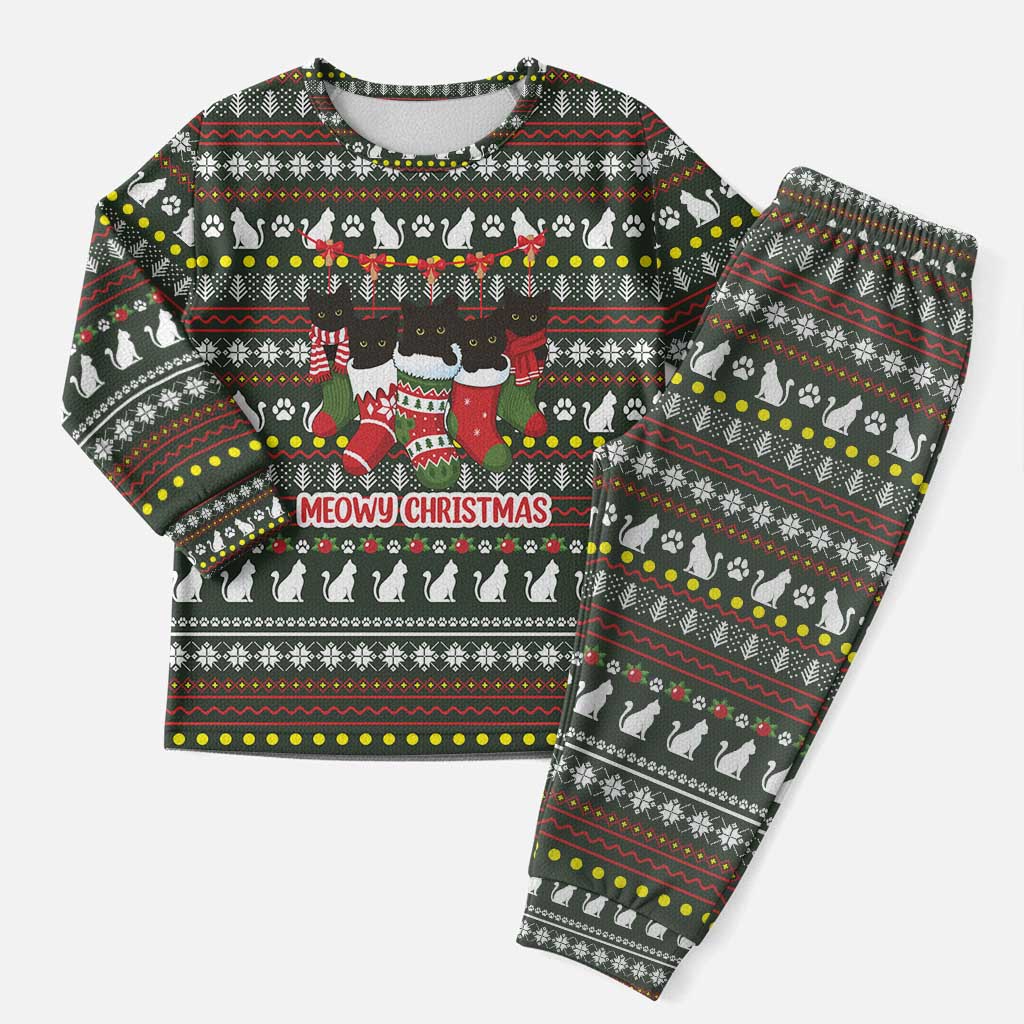 Black Cats in Stockings Christmas Pajama Set with Meowy Christmas Quote on Festive Pattern Design - Wonder Print Shop