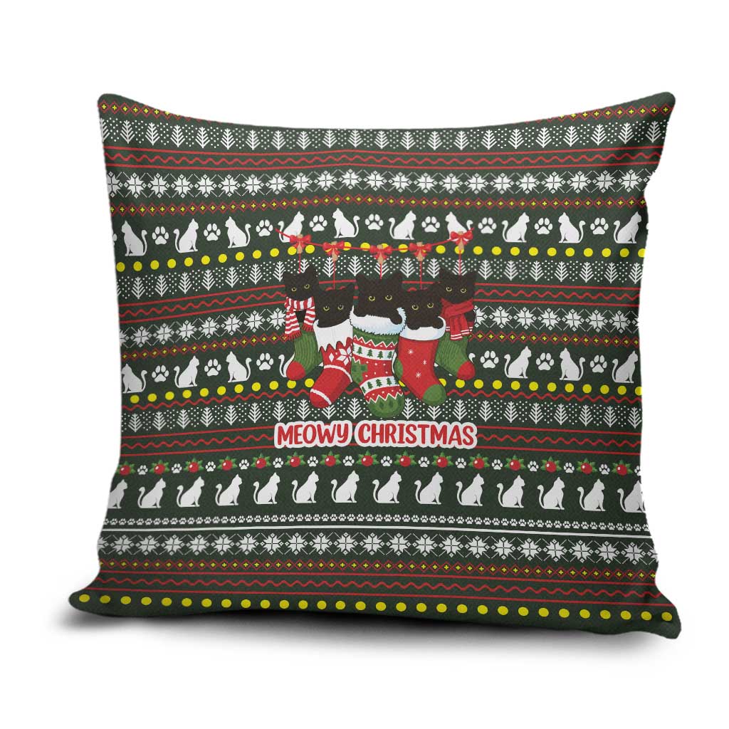 Black Cats in Stockings Pillow Cover with Meowy Christmas Quote on Festive Pattern Design - Wonder Print Shop