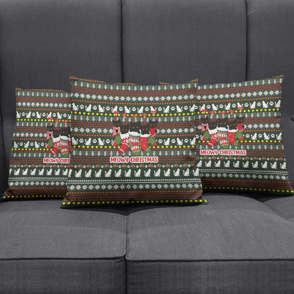 Black Cats in Stockings Pillow Cover with Meowy Christmas Quote on Festive Pattern Design - Wonder Print Shop