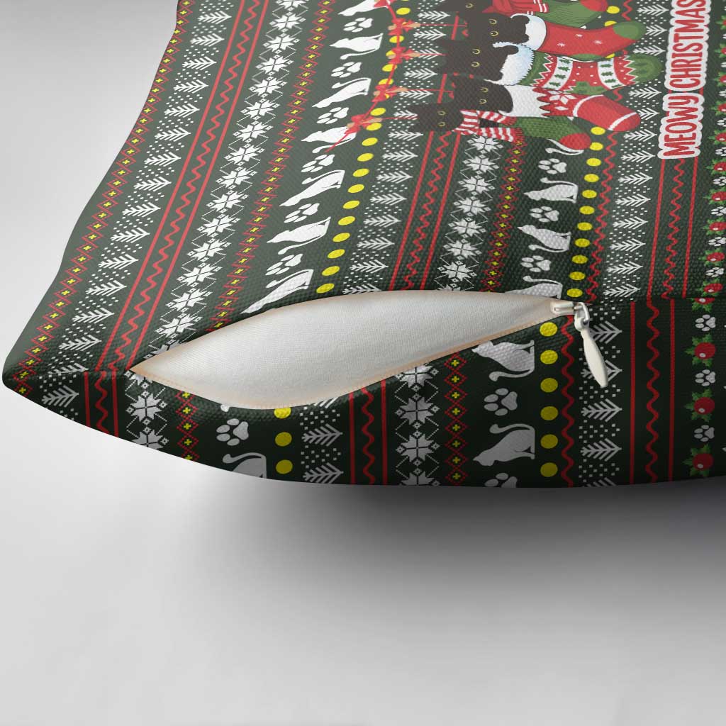 Black Cats in Stockings Pillow Cover with Meowy Christmas Quote on Festive Pattern Design - Wonder Print Shop