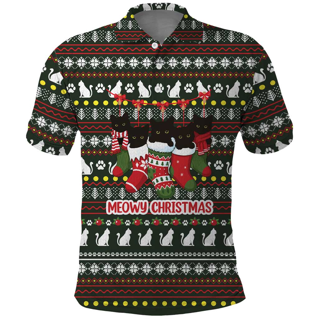 Black Cats in Stockings Polo Shirt with Meowy Christmas Quote on Festive Pattern Design - Wonder Print Shop