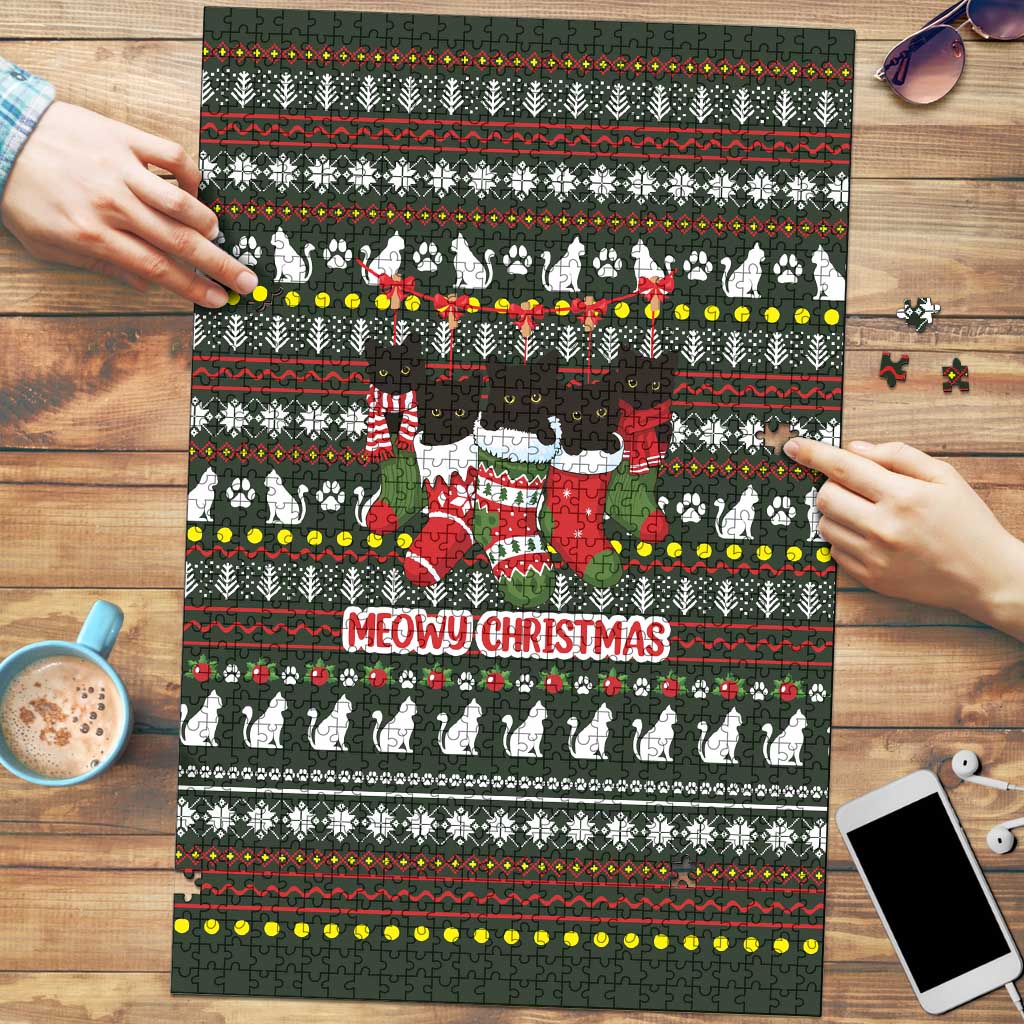 Black Cats in Stockings Puzzle with Meowy Christmas Quote on Festive Pattern Design - Wonder Print Shop