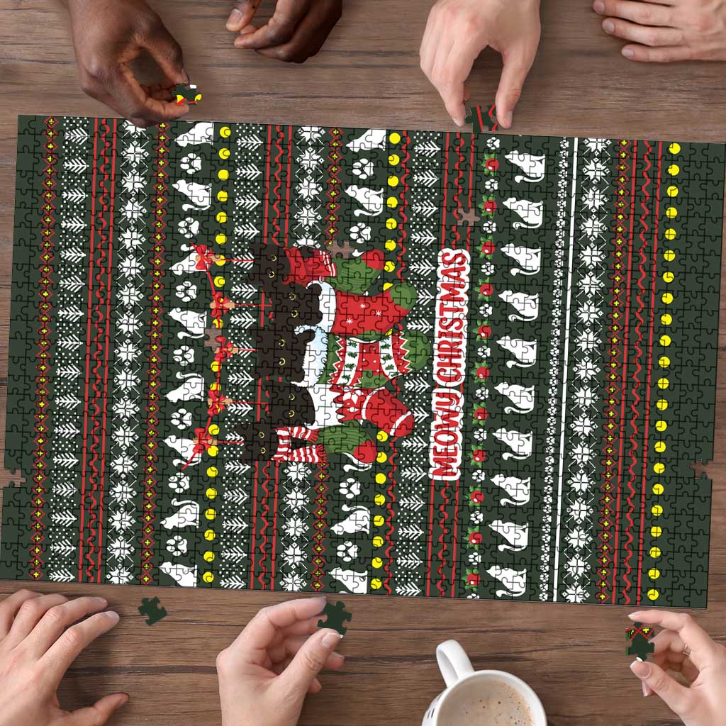 Black Cats in Stockings Puzzle with Meowy Christmas Quote on Festive Pattern Design - Wonder Print Shop