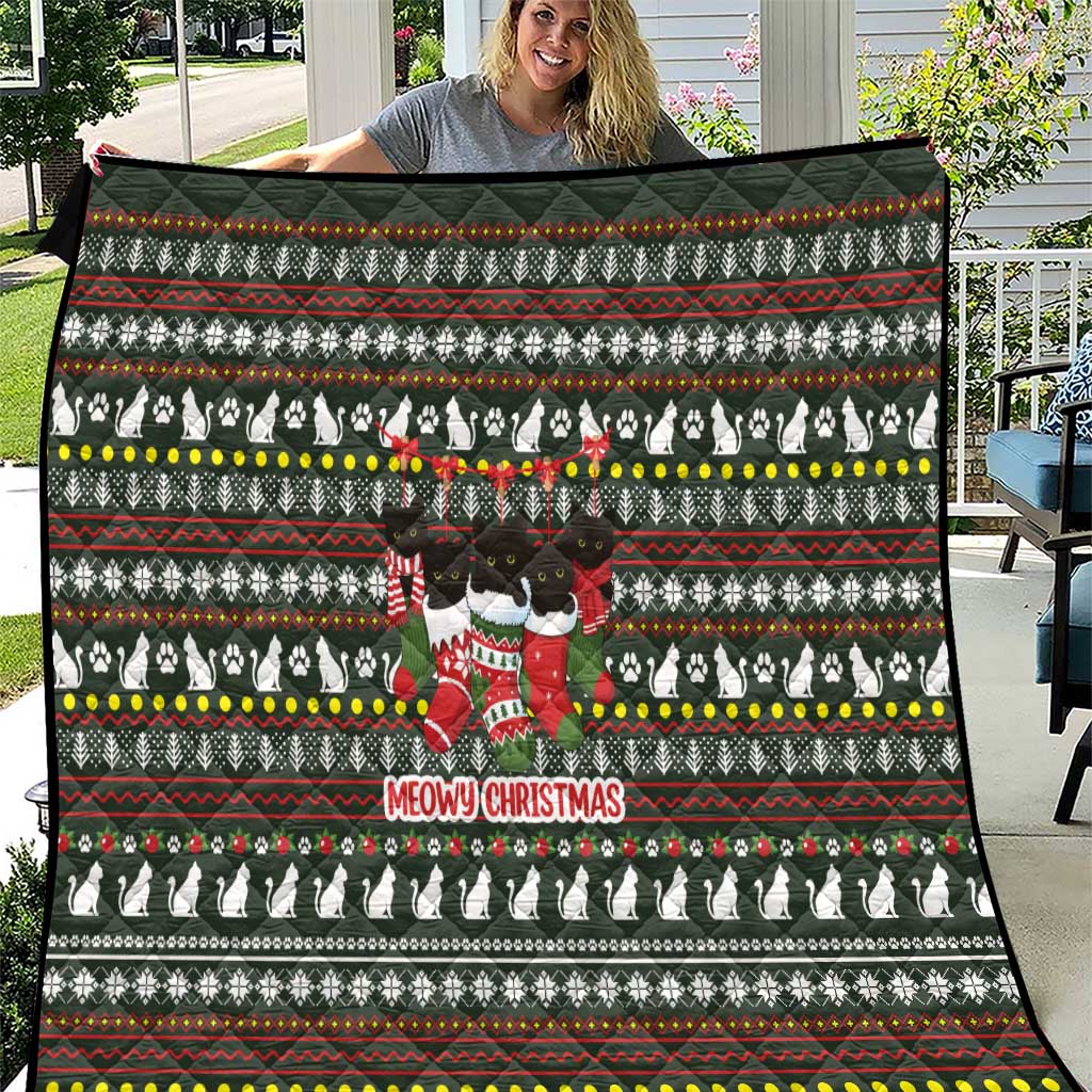 Black Cats in Stockings Quilt with Meowy Christmas Quote on Festive Pattern Design - Wonder Print Shop