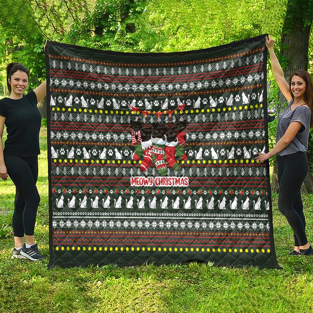Black Cats in Stockings Quilt with Meowy Christmas Quote on Festive Pattern Design - Wonder Print Shop