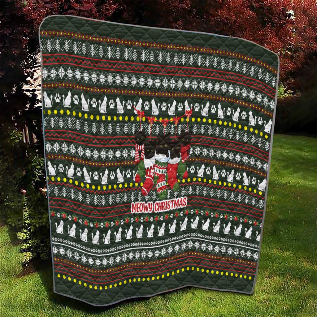 Black Cats in Stockings Quilt with Meowy Christmas Quote on Festive Pattern Design - Wonder Print Shop