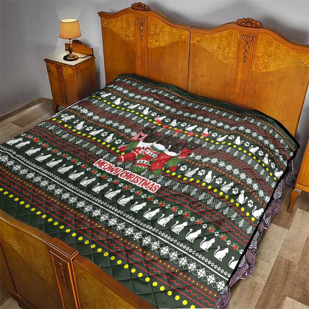 Black Cats in Stockings Quilt with Meowy Christmas Quote on Festive Pattern Design - Wonder Print Shop