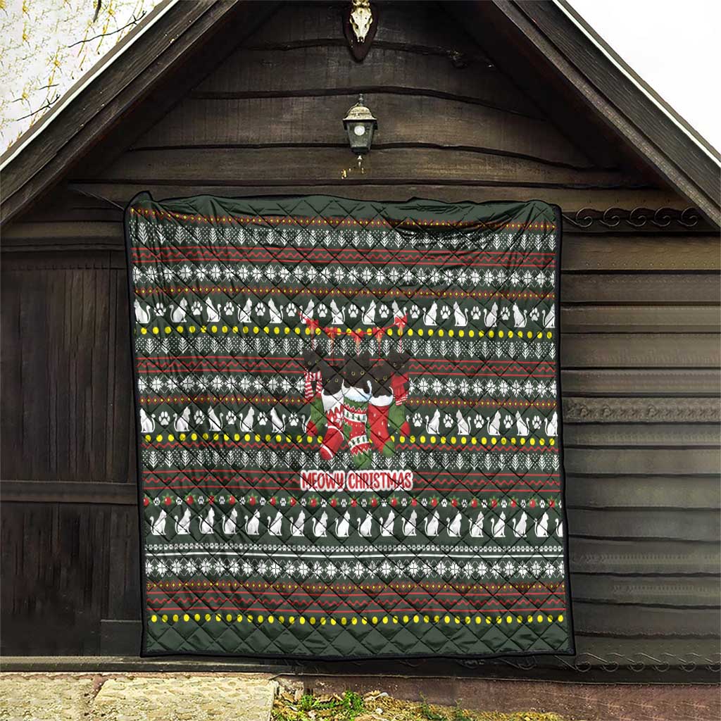 Black Cats in Stockings Quilt with Meowy Christmas Quote on Festive Pattern Design - Wonder Print Shop