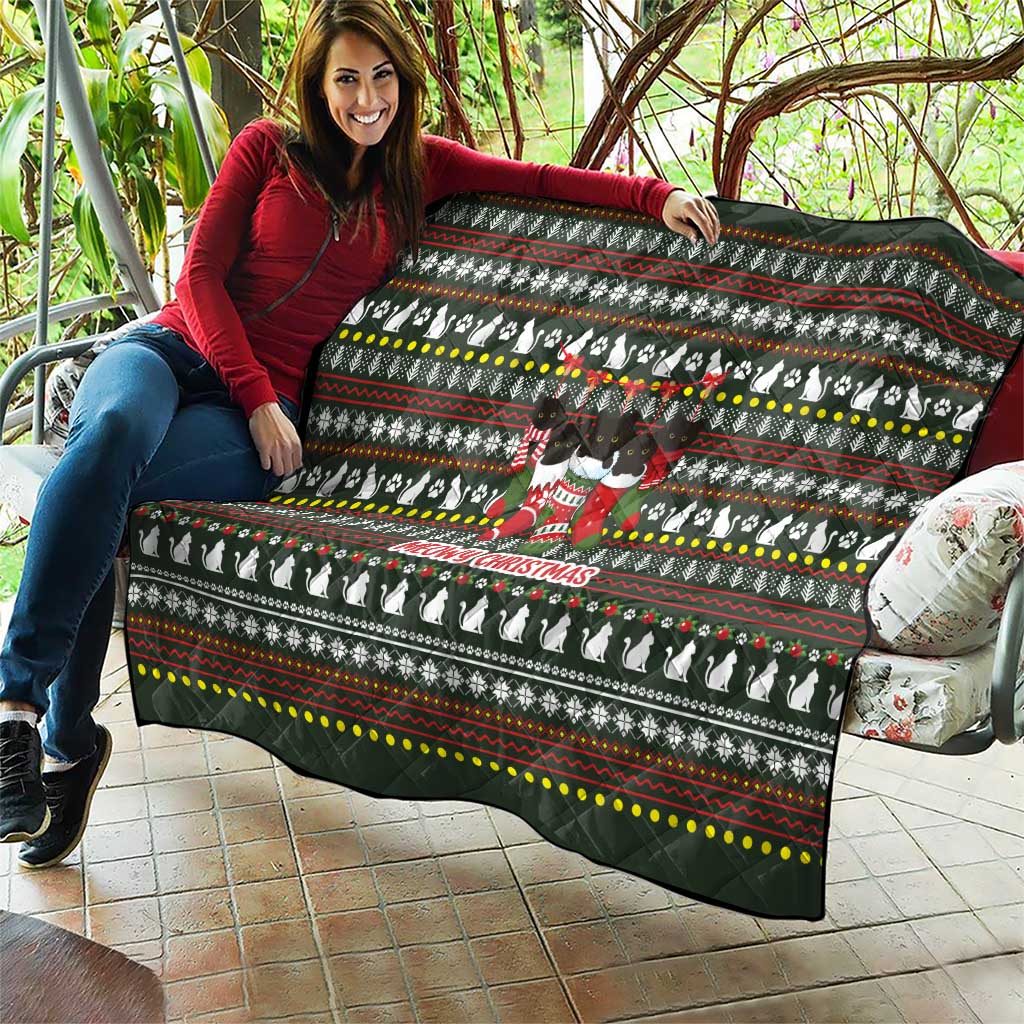 Black Cats in Stockings Quilt with Meowy Christmas Quote on Festive Pattern Design - Wonder Print Shop