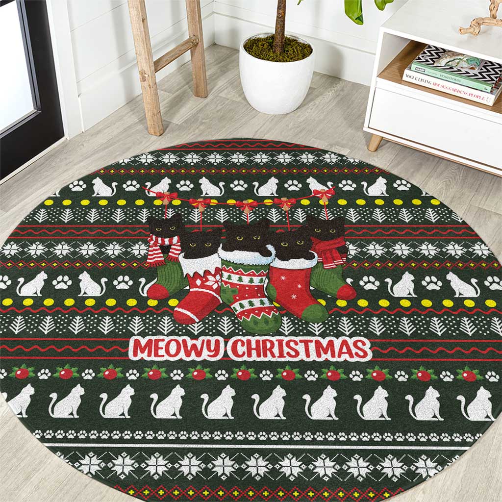 Black Cats in Stockings Round Carpet with Meowy Christmas Quote on Festive Pattern Design - Wonder Print Shop