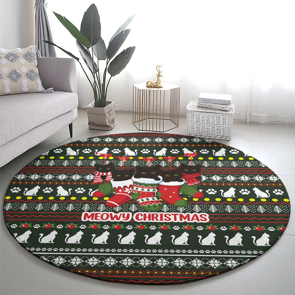 Black Cats in Stockings Round Carpet with Meowy Christmas Quote on Festive Pattern Design - Wonder Print Shop