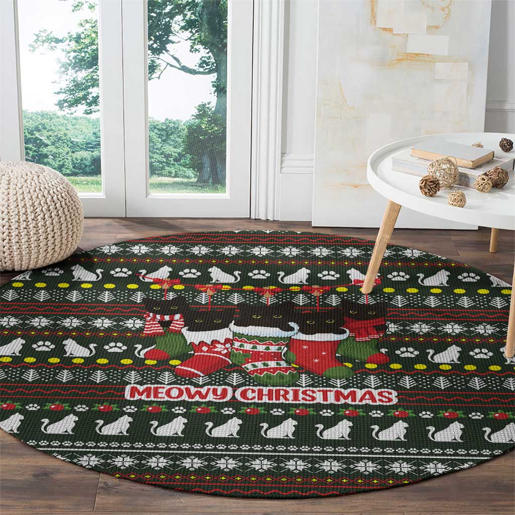 Black Cats in Stockings Round Carpet with Meowy Christmas Quote on Festive Pattern Design - Wonder Print Shop