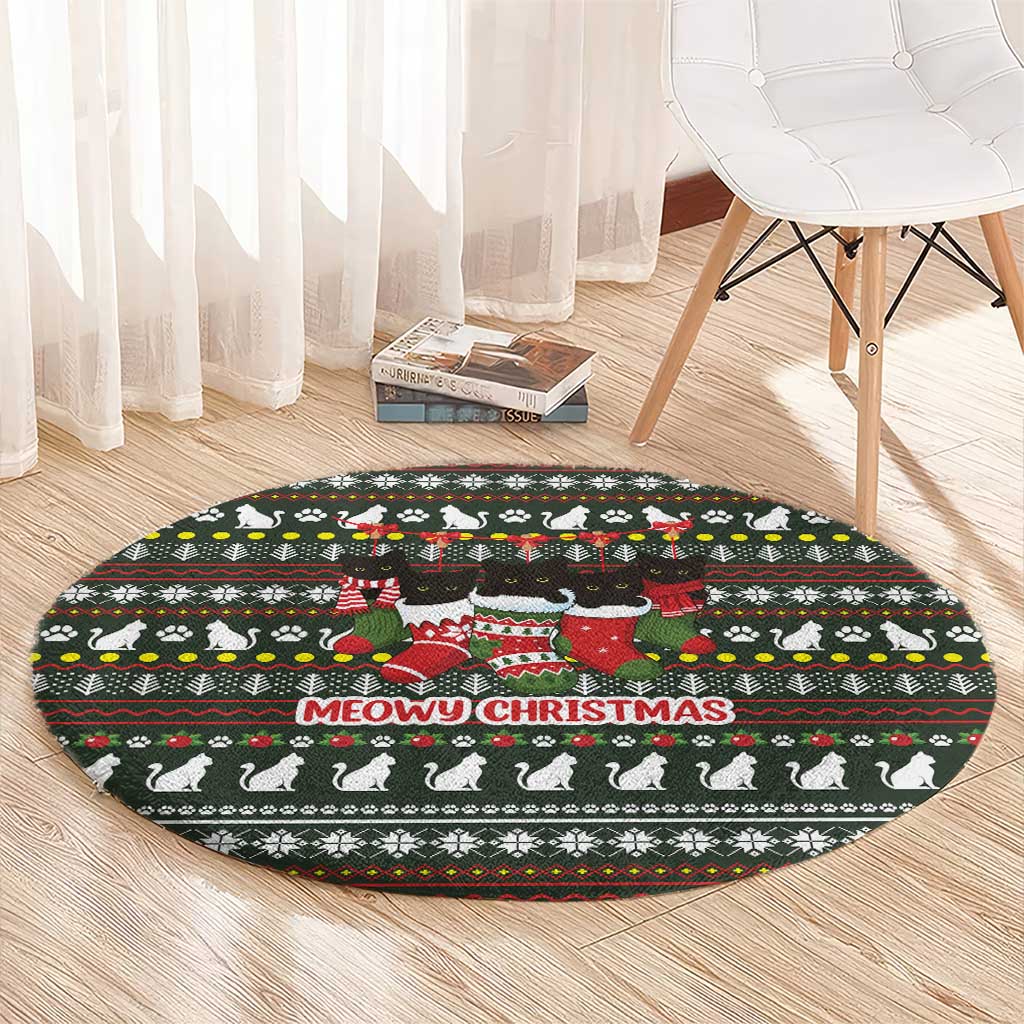 Black Cats in Stockings Round Carpet with Meowy Christmas Quote on Festive Pattern Design - Wonder Print Shop