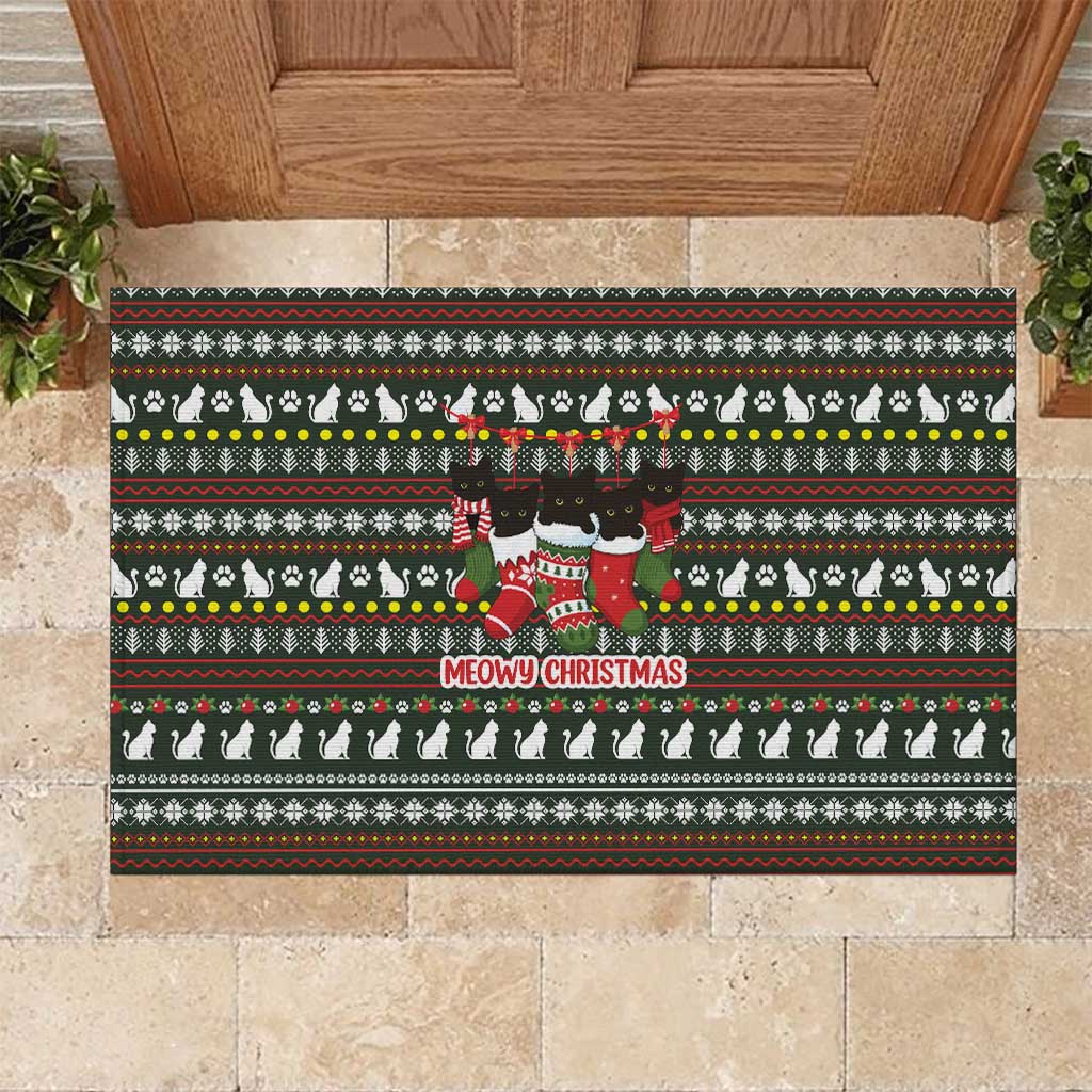 Black Cats in Stockings Rubber Doormat with Meowy Christmas Quote on Festive Pattern Design - Wonder Print Shop