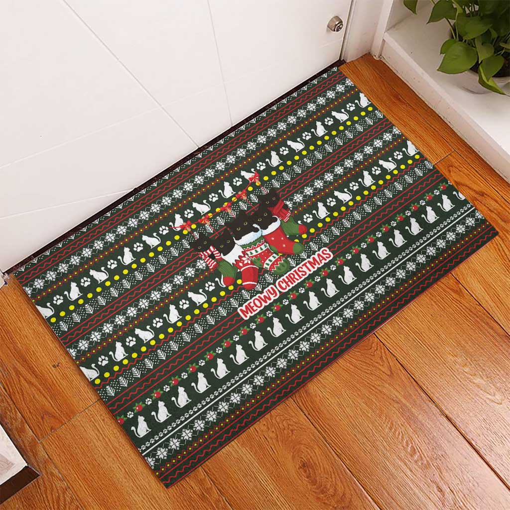 Black Cats in Stockings Rubber Doormat with Meowy Christmas Quote on Festive Pattern Design - Wonder Print Shop