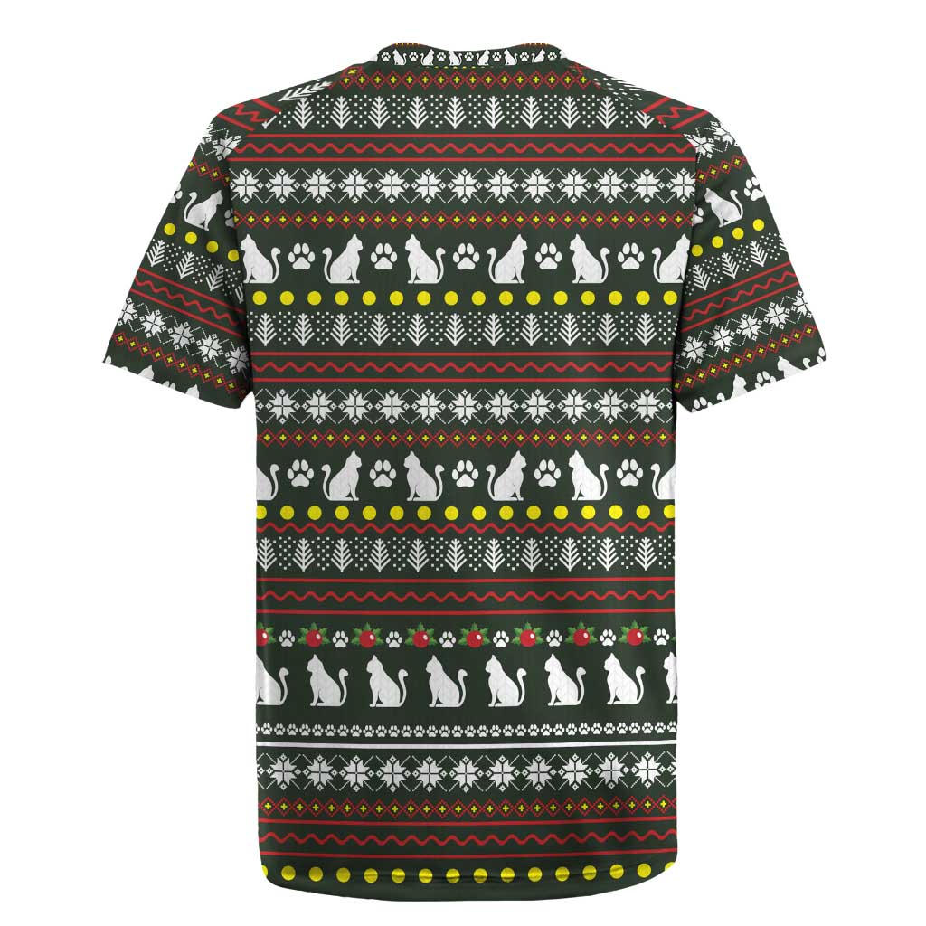 Black Cats in Stockings Rugby Jersey with Meowy Christmas Quote on Festive Pattern Design - Wonder Print Shop