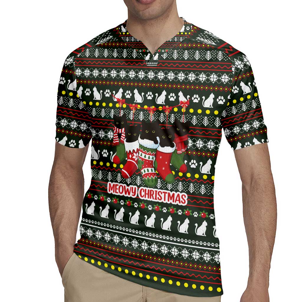 Black Cats in Stockings Rugby Jersey with Meowy Christmas Quote on Festive Pattern Design - Wonder Print Shop