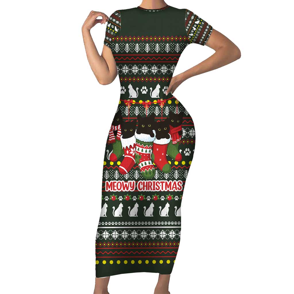 Black Cats in Stockings Short Sleeve Bodycon Dress with Meowy Christmas Quote on Festive Pattern Design - Wonder Print Shop