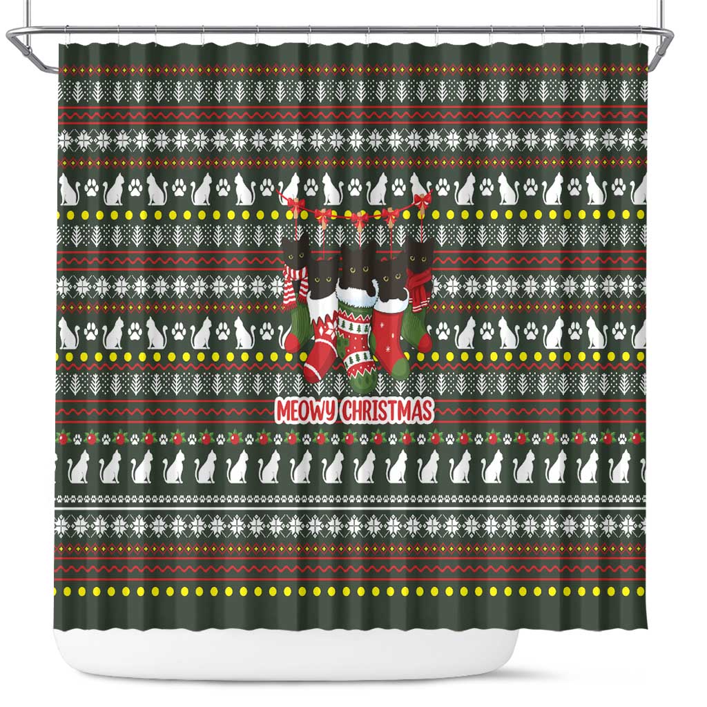 Black Cats in Stockings Shower Curtain with Meowy Christmas Quote on Festive Pattern Design - Wonder Print Shop
