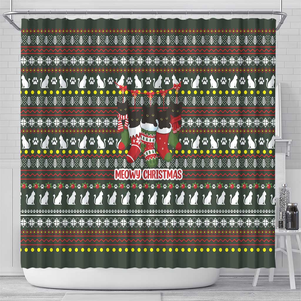 Black Cats in Stockings Shower Curtain with Meowy Christmas Quote on Festive Pattern Design - Wonder Print Shop