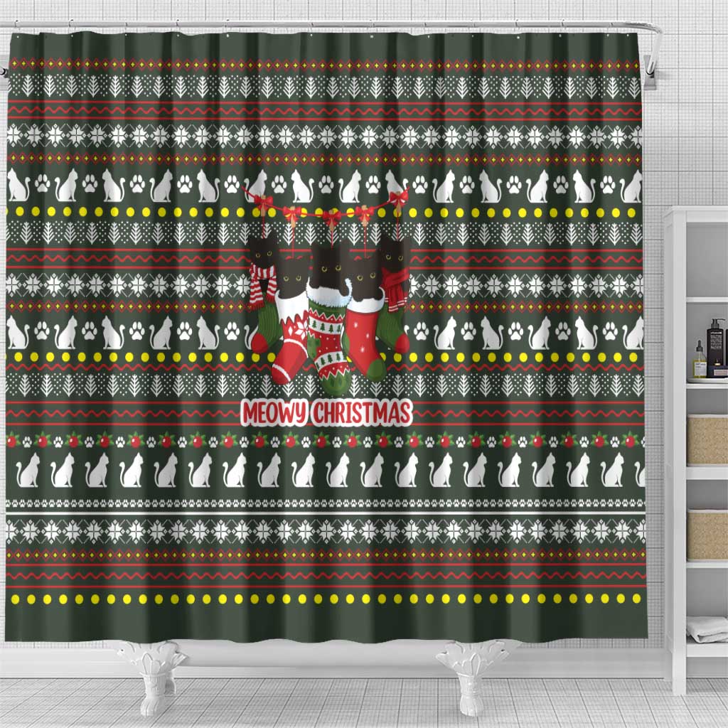 Black Cats in Stockings Shower Curtain with Meowy Christmas Quote on Festive Pattern Design - Wonder Print Shop