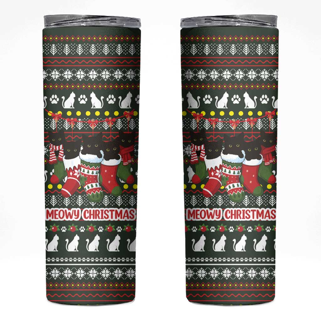 Black Cats in Stockings Skinny Tumbler with Meowy Christmas Quote on Festive Pattern Design - Wonder Print Shop