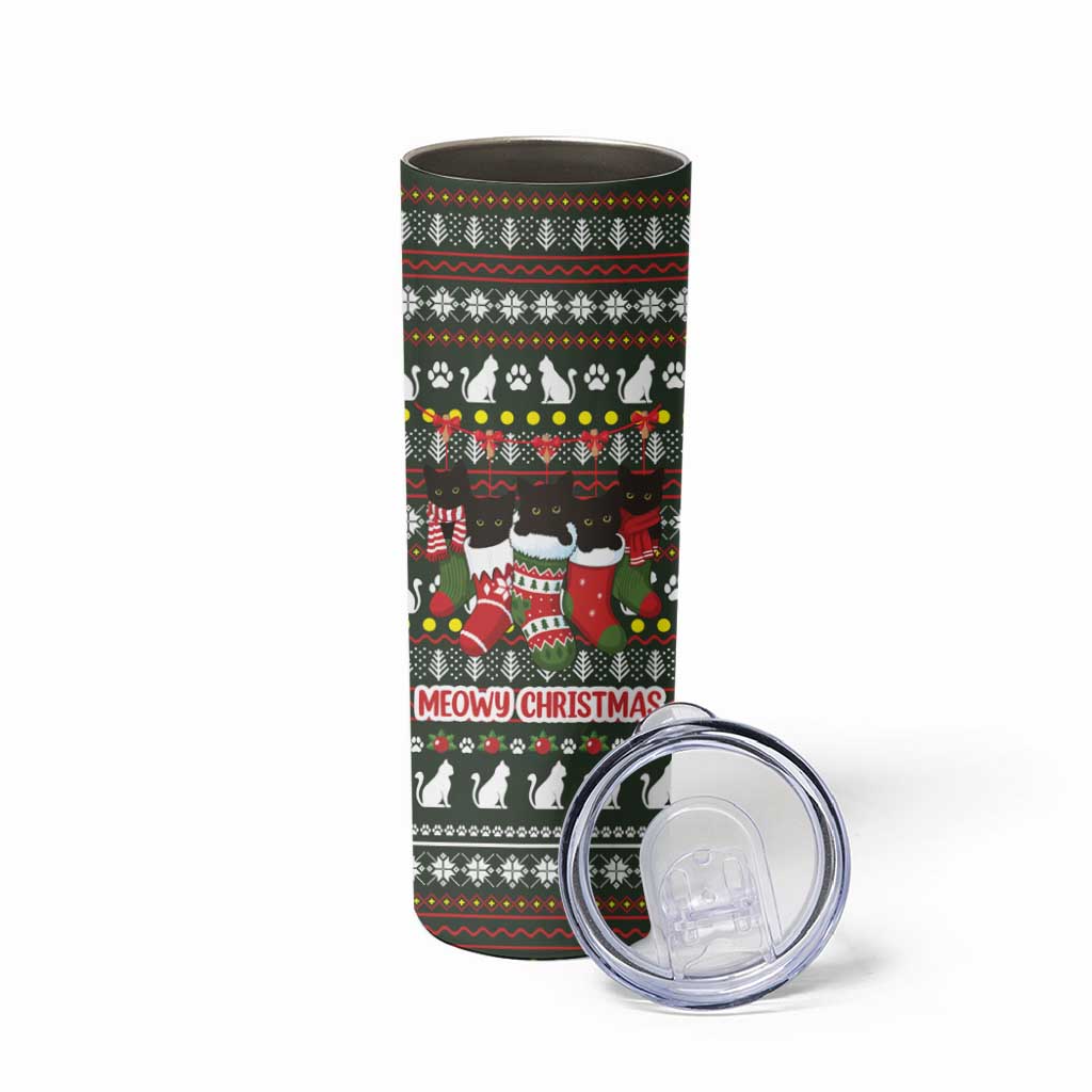Black Cats in Stockings Skinny Tumbler with Meowy Christmas Quote on Festive Pattern Design - Wonder Print Shop