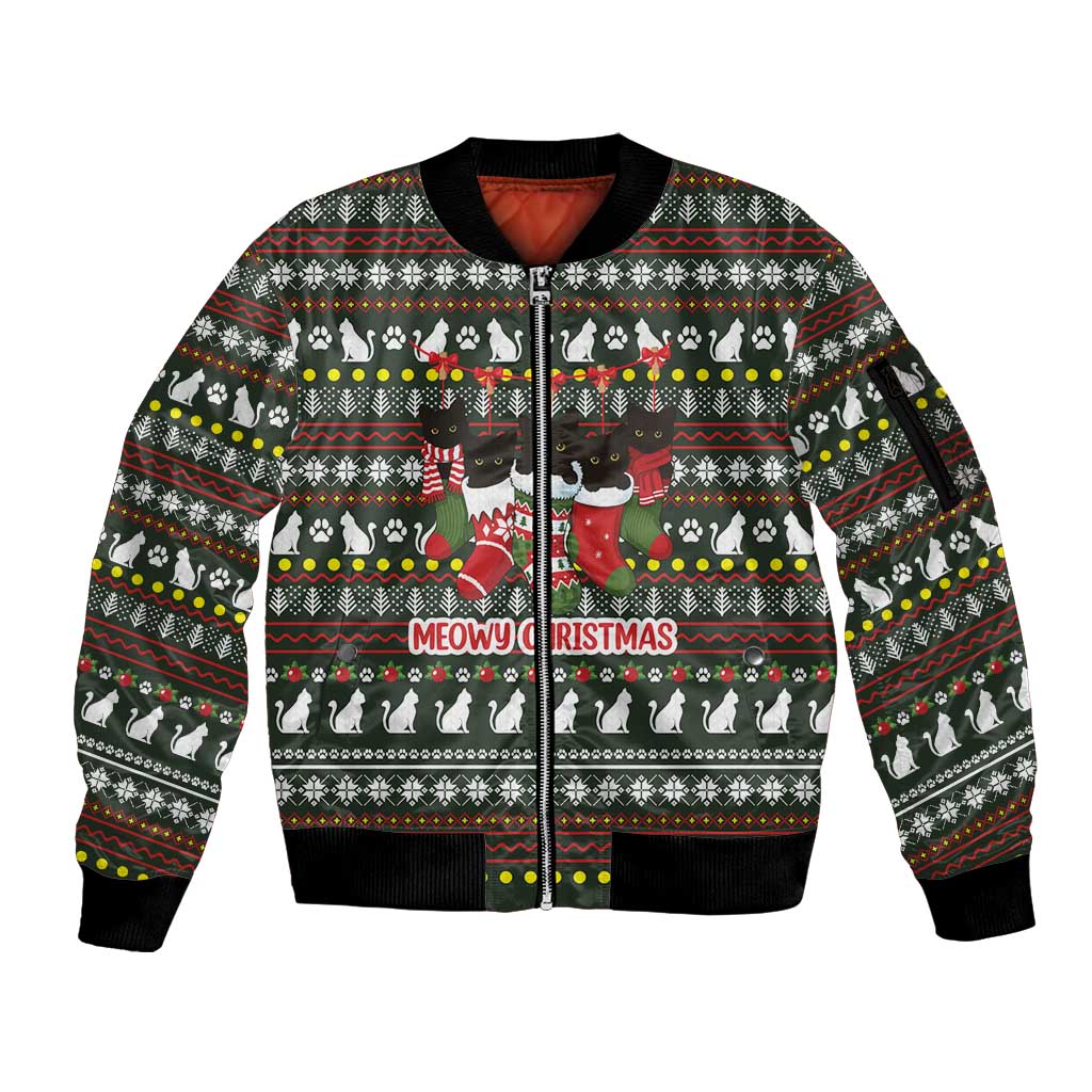 Black Cats in Stockings Sleeve Zip Bomber Jacket with Meowy Christmas Quote on Festive Pattern Design - Wonder Print Shop