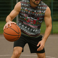 Black Cats in Stockings Sleeveless Hoodie with Meowy Christmas Quote on Festive Pattern Design - Wonder Print Shop