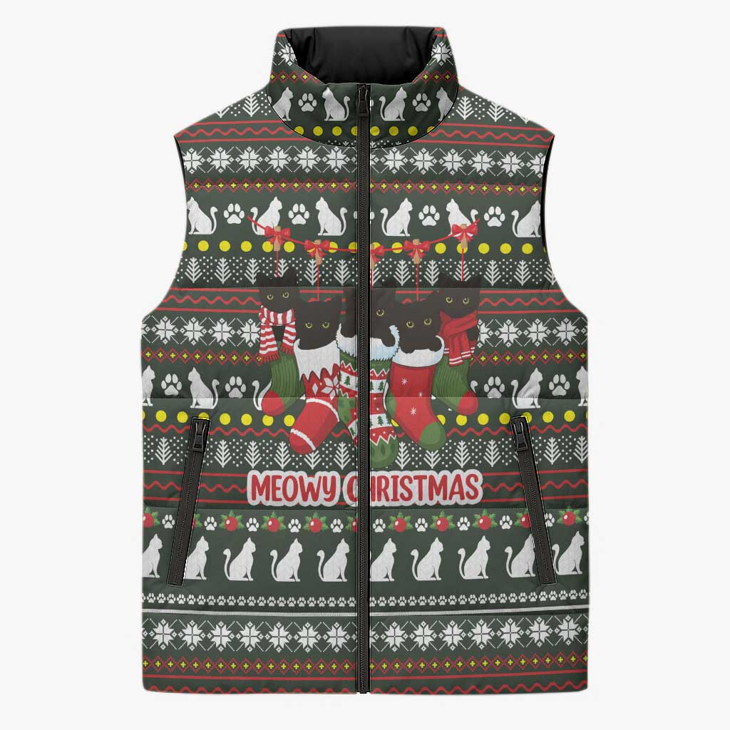 Black Cats in Stockings Sleeveless Puffer Jacket with Meowy Christmas Quote on Festive Pattern Design - Wonder Print Shop