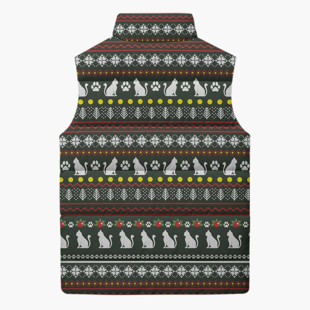Black Cats in Stockings Sleeveless Puffer Jacket with Meowy Christmas Quote on Festive Pattern Design - Wonder Print Shop