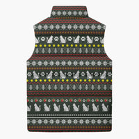 Black Cats in Stockings Sleeveless Puffer Jacket with Meowy Christmas Quote on Festive Pattern Design - Wonder Print Shop