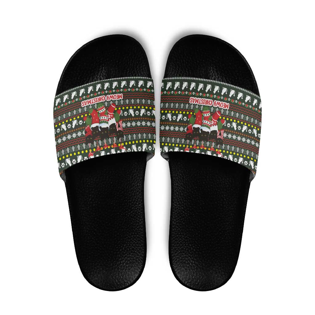 Black Cats in Stockings Slide Sandals with Meowy Christmas Quote on Festive Pattern Design - Wonder Print Shop