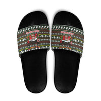 Black Cats in Stockings Slide Sandals with Meowy Christmas Quote on Festive Pattern Design - Wonder Print Shop