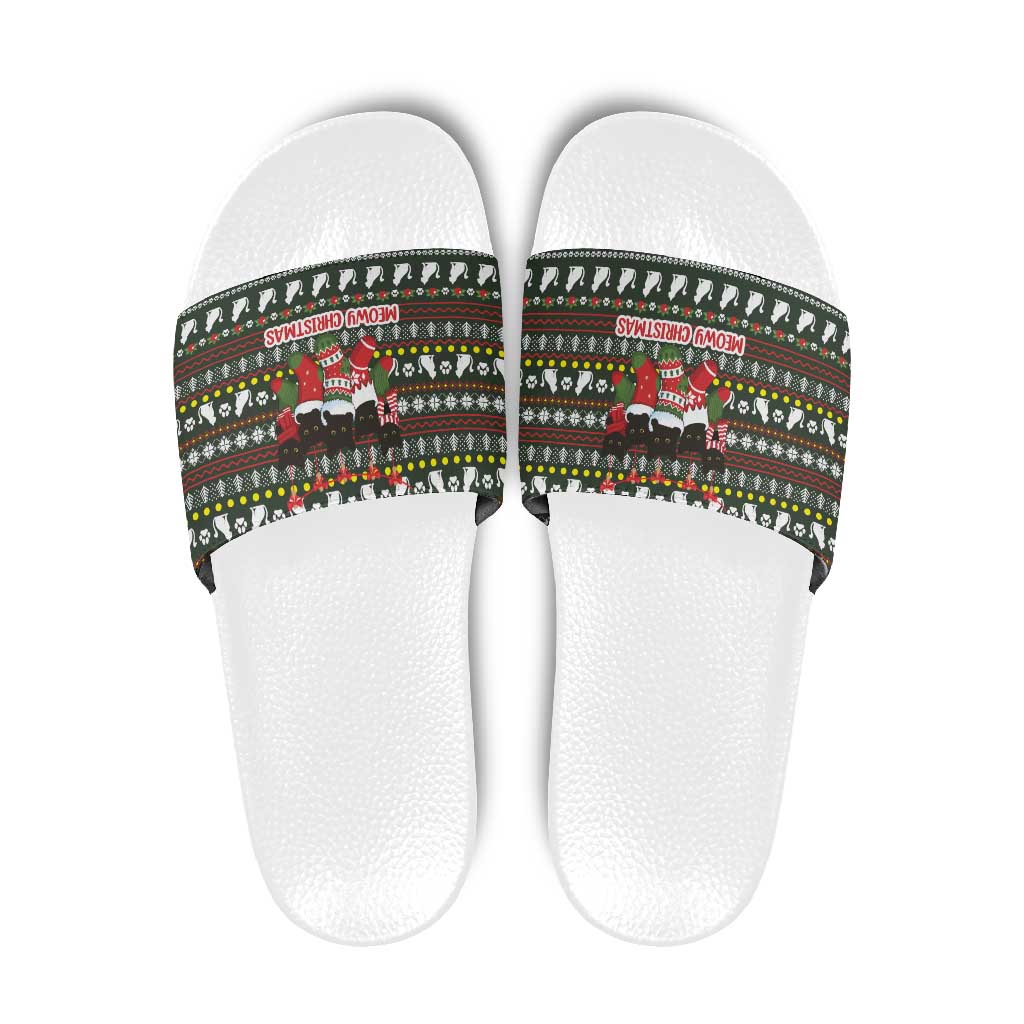Black Cats in Stockings Slide Sandals with Meowy Christmas Quote on Festive Pattern Design - Wonder Print Shop