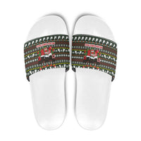 Black Cats in Stockings Slide Sandals with Meowy Christmas Quote on Festive Pattern Design - Wonder Print Shop