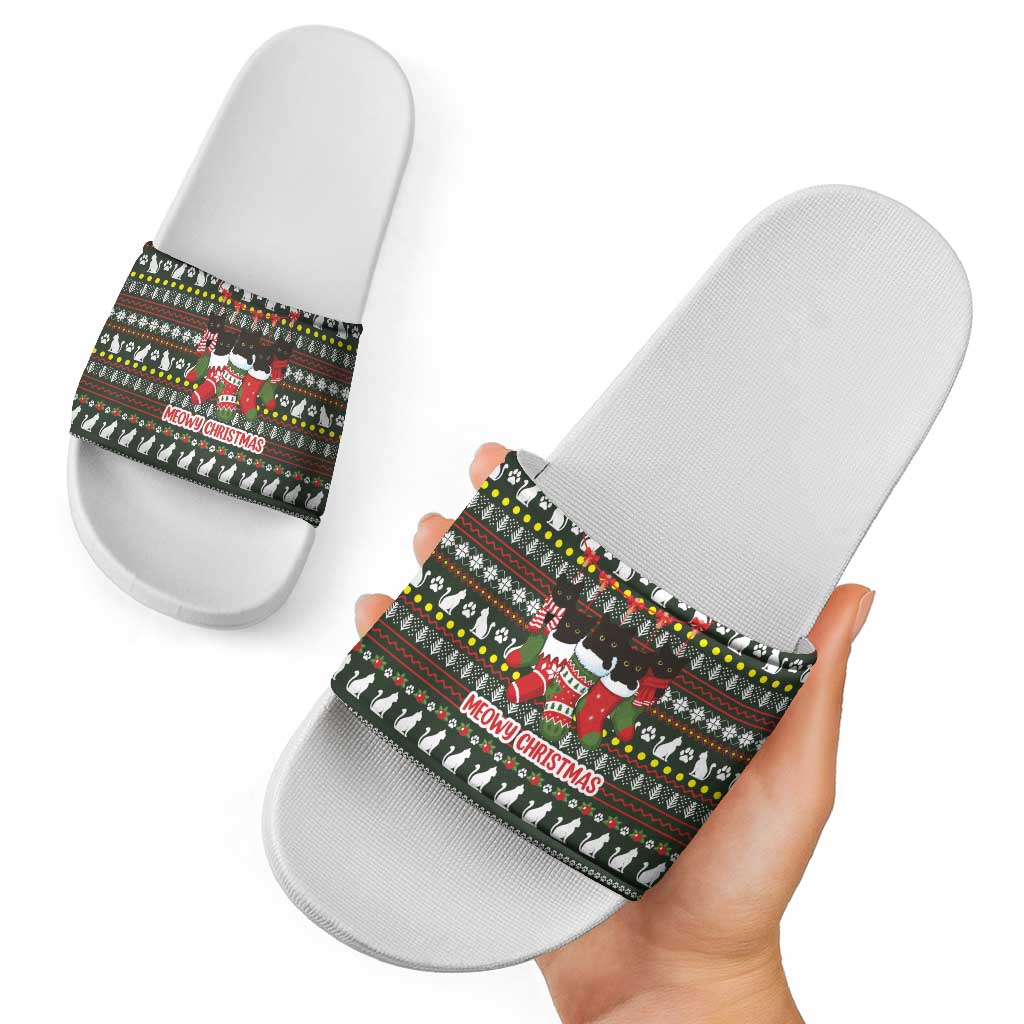Black Cats in Stockings Slide Sandals with Meowy Christmas Quote on Festive Pattern Design - Wonder Print Shop