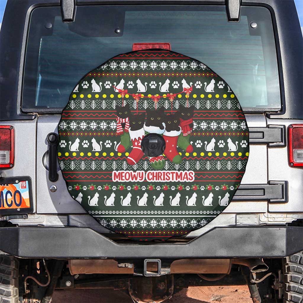 Black Cats in Stockings Spare Tire Cover with Meowy Christmas Quote on Festive Pattern Design - Wonder Print Shop