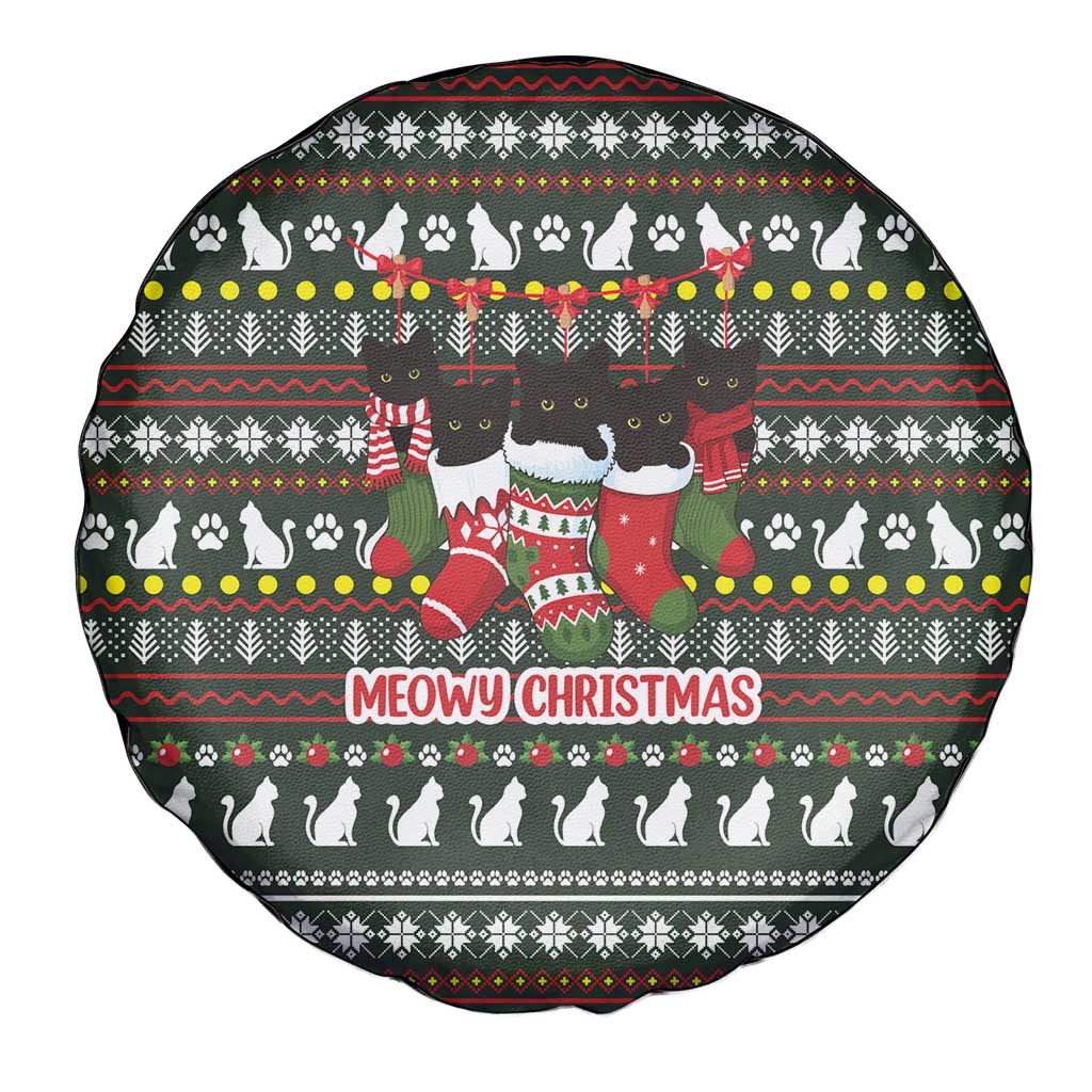 Black Cats in Stockings Spare Tire Cover with Meowy Christmas Quote on Festive Pattern Design - Wonder Print Shop