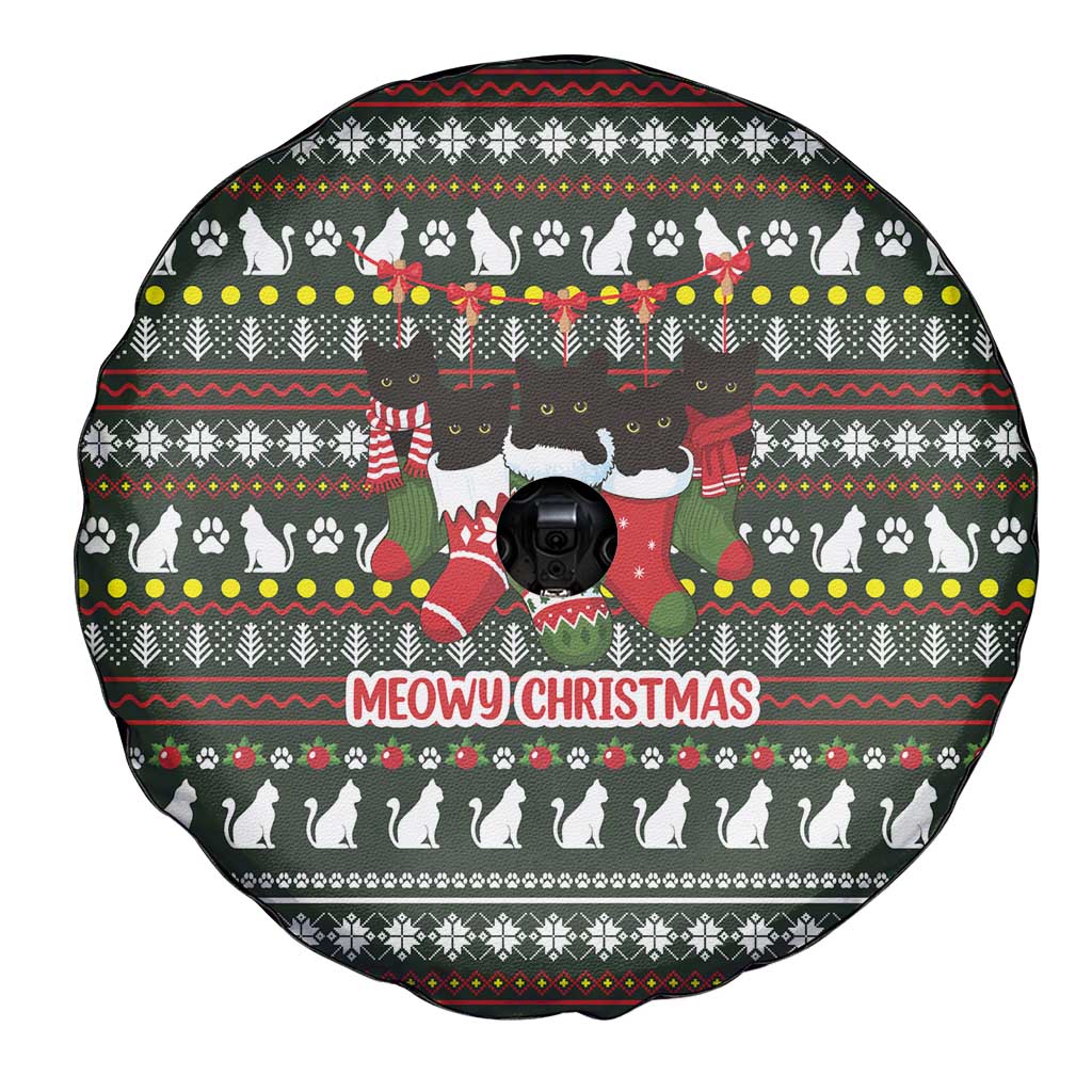 Black Cats in Stockings Spare Tire Cover with Meowy Christmas Quote on Festive Pattern Design - Wonder Print Shop