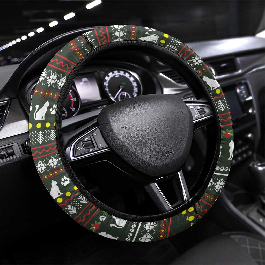 Black Cats in Stockings Steering Wheel Cover with Meowy Christmas Quote on Festive Pattern Design - Wonder Print Shop
