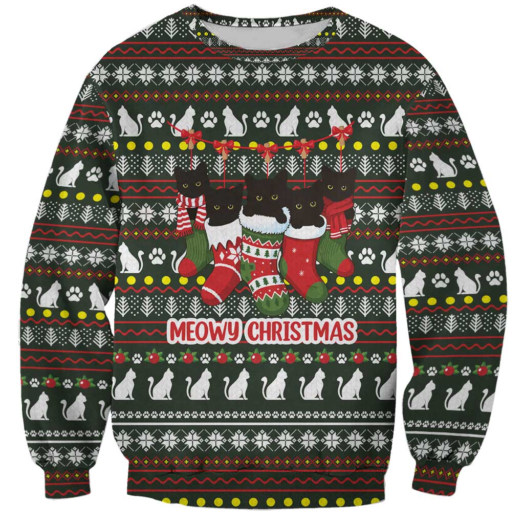 Black Cats in Stockings Sweatshirt with Meowy Christmas Quote on Festive Pattern Design - Wonder Print Shop