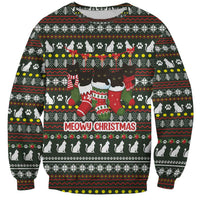Black Cats in Stockings Sweatshirt with Meowy Christmas Quote on Festive Pattern Design - Wonder Print Shop