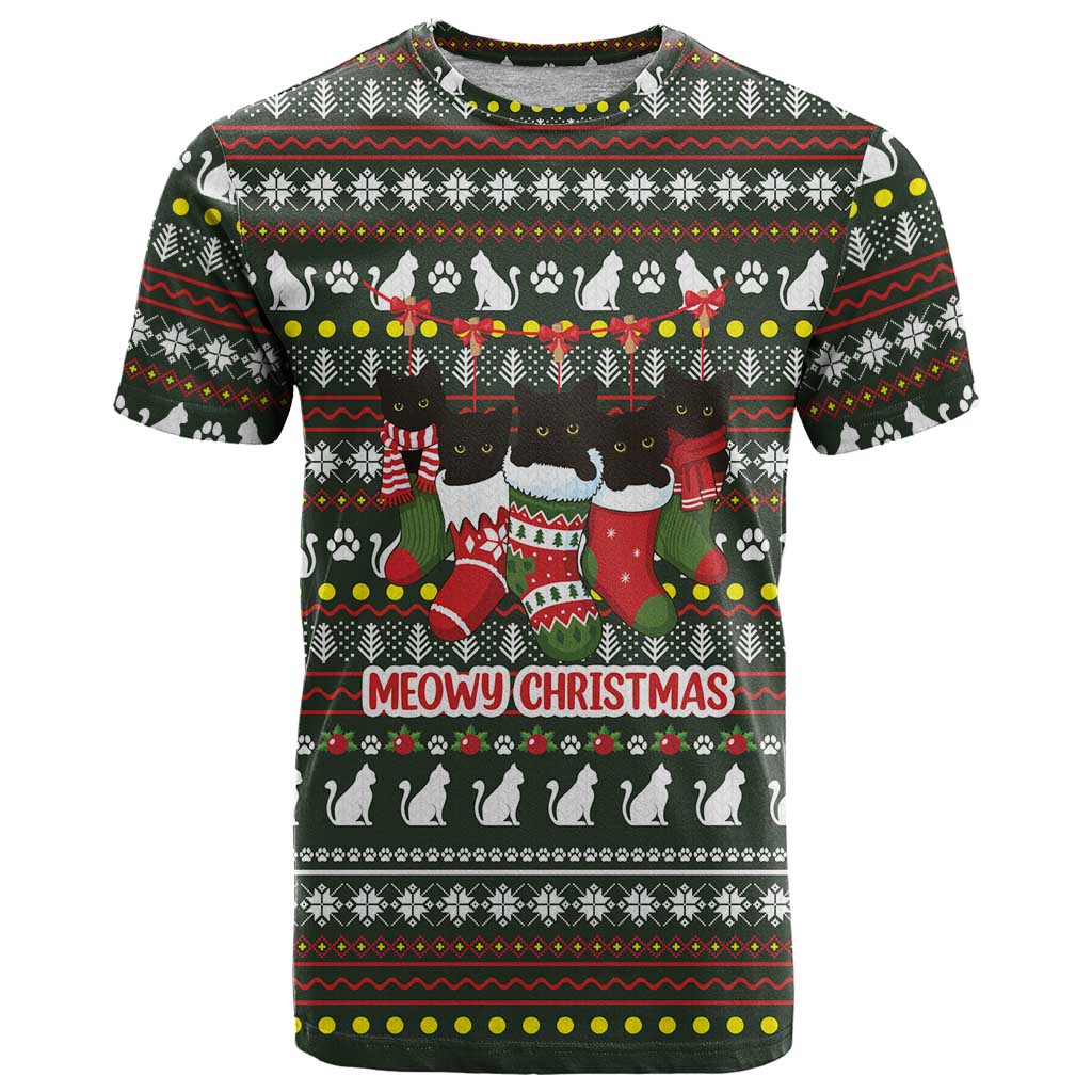 Black Cats in Stockings T Shirt with Meowy Christmas Quote on Festive Pattern Design - Wonder Print Shop